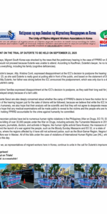 Statement on the trial of Duterte to be held on September 23, 2025