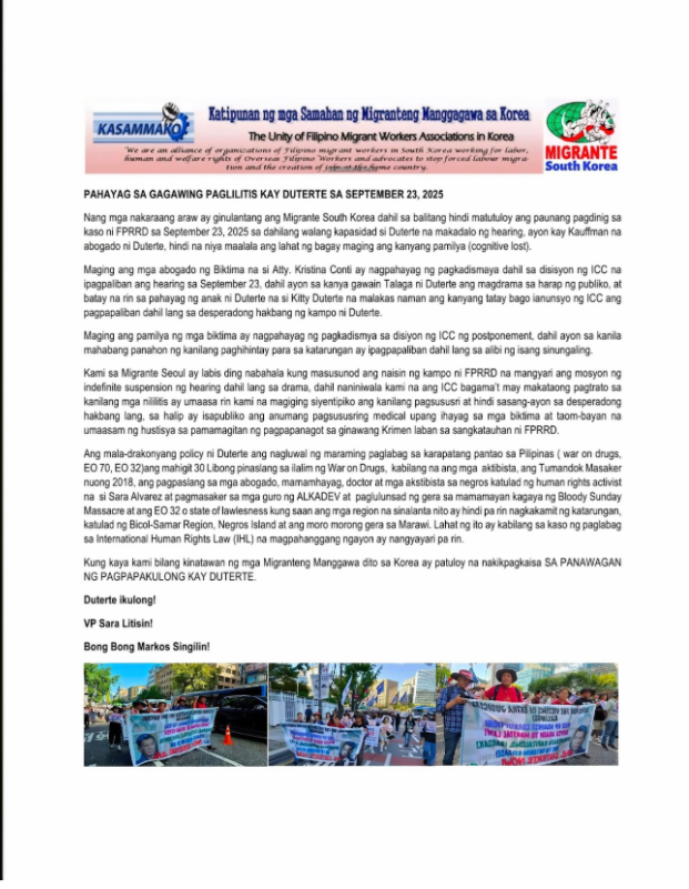 Pahayag sa gagawing paglilitis kay Duterte sa September 23, 2025